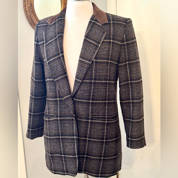 Plaid Blazer Leather Suede Collar Medium Wool blend Academia Preppy - Picture 11 of 11
